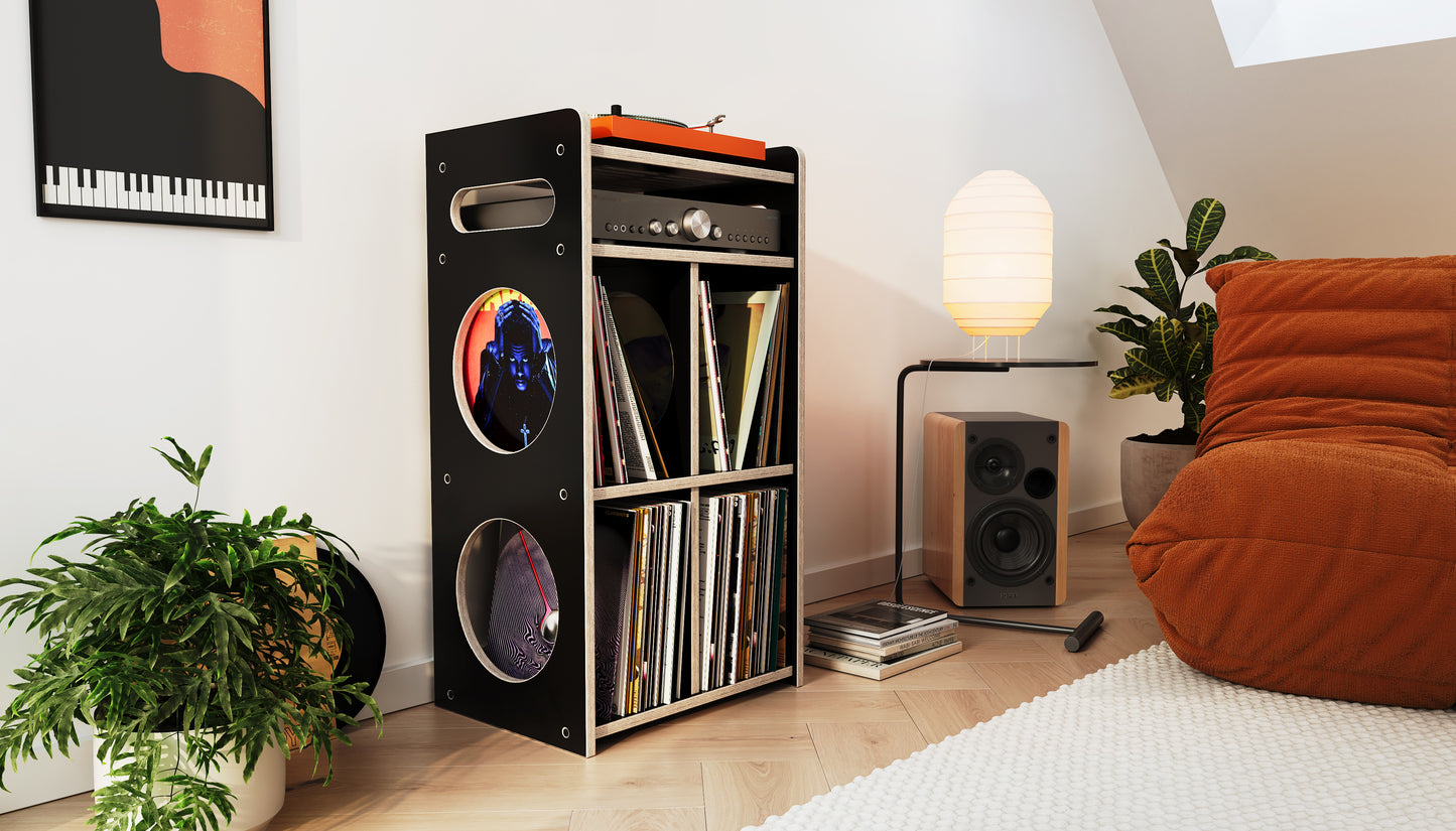 Valhalla Stack 500 record storage stand - black https://valhallaudio.com/products/stack-500-record-stand