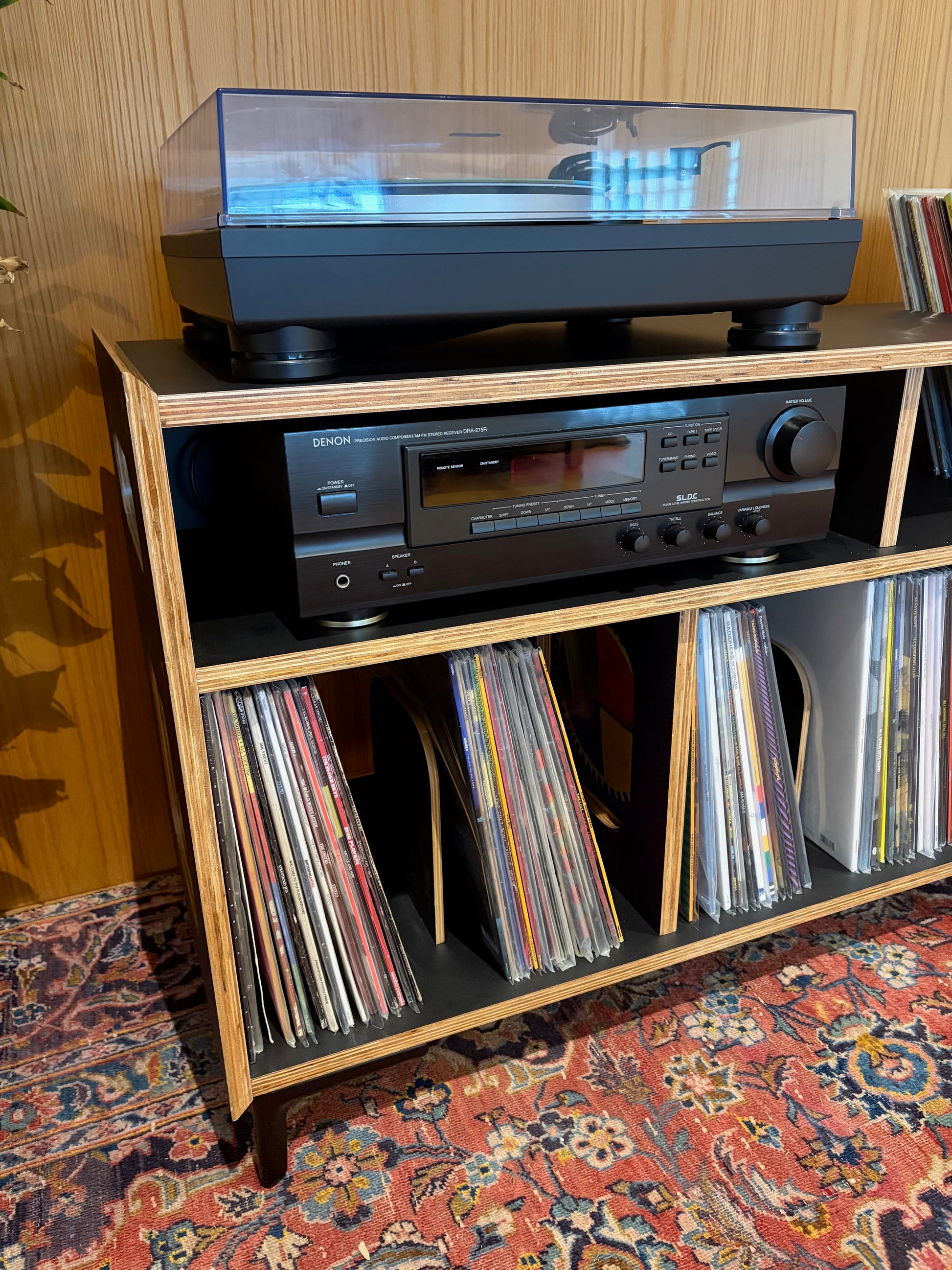 Turntable and Amplifier on Cabinet with Vinyl Collection